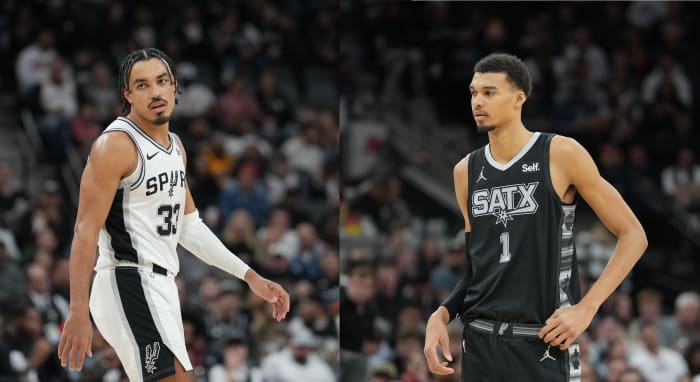 San Antonio, Texas, USA; San Antonio Spurs center Victor Wembanyama and point guard Tre Jones at Frost Bank Center against the Chicago Bulls (right) and Charlotte Hornets (left).